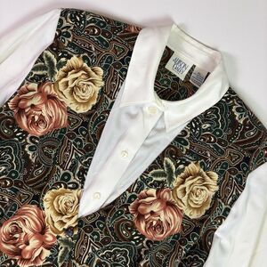 Vintage 90s Floral Vest Blouse Petite Large 2-in-1 Button Down Top Dark Academia